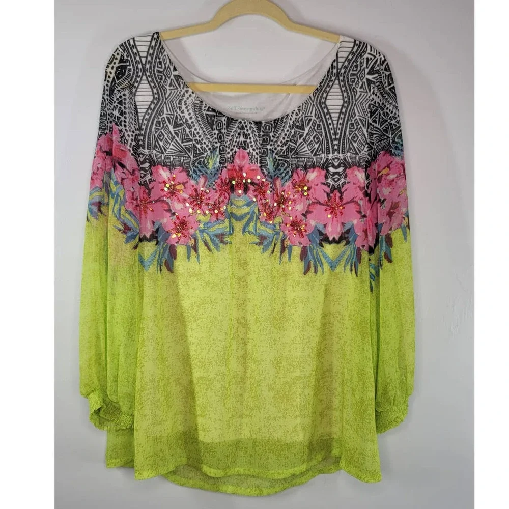 Soft Surroundings Sequin Blouse Top Size M Boat Neck 3/4 Sleeve Floral Green - Picture 1 of 5